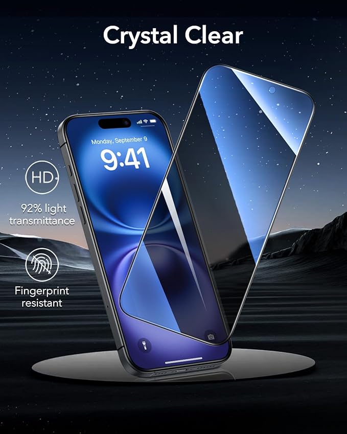 ESR 3 Pack 9H+ Glass for iPhone 16/ iPhone 15 Privacy Screen Protector, [Military Grade Shatterproof & Longest Durable] Armorite Anti-spy Tempered Glass with UltraFit Tray