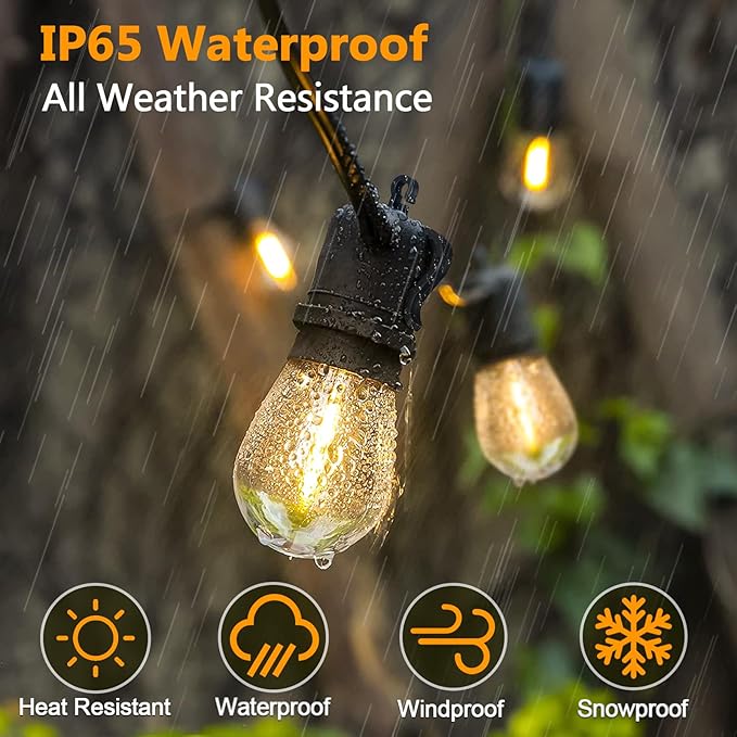 100FT LED Outdoor Patio Lights, Waterproof String Light with Remote & 32 Shatterproof S14 Vintage Bulbs(2 Spare), Connectable Commercial Outside Hanging Light for Garden, Balcony, Backyard, Bistro