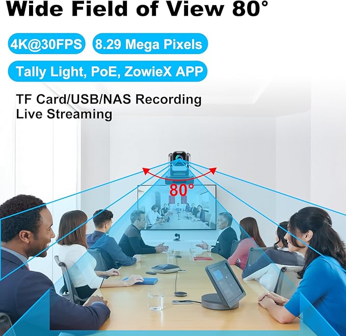 zowietek 4K PTZ Camera, USB/HDMI/LAN Outputs, Wide Angle, 12X Optical Zoom, Ergo-Ease Remote Control, TOF Auto Focus for Video Conference, Meeting, Church, Streaming, Event, Teaching