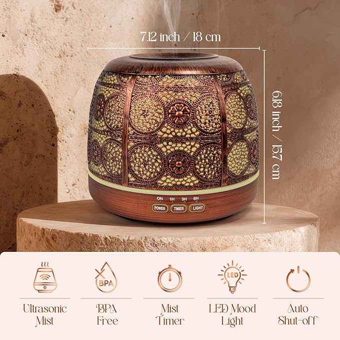 500ml Essential Oil Diffuser, ARVIDSSON Metal Diffusers for Essential Oils, Aromatherapy Oil Diffuser for Large Room, Color Changing Mood Light & Mist Timer Setting, Gift for Women