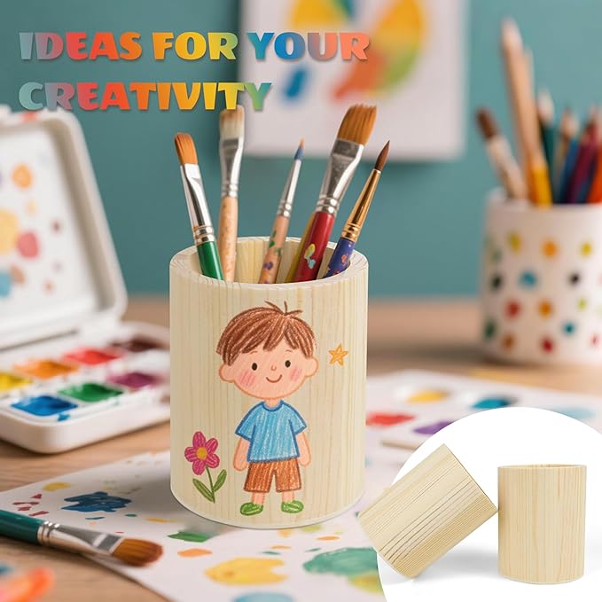 6 Pack Wood Pen Holder Unfinished Wooden Pencil Holder Pine Wood Pen Holder Stand for Desk Office Supplies Makeup Brushes Organizer (Round)