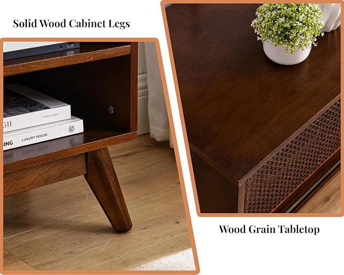 LKTART 59 inch Mid Century Modern TV Stand with Rattan Cabinet Doors, Boho Entertainment Center for 55/60/65 inch TVS, Media Console for Living Room/Bedroom, Dark Walnut