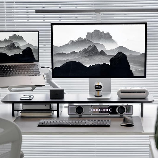 Bamboo Dual Monitor Stand Riser Black, 2-Tier Desk Monitor Riser for 2 Monitors, Supports for PC Computer Monitor, Printer, Heavy TV Riser up to 300 lbs