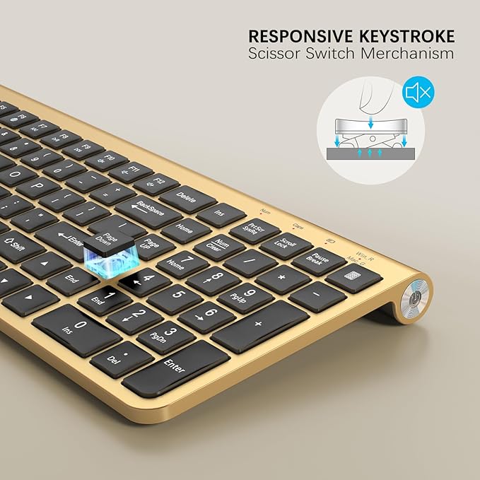 JOYACCESS Black Gold Wireless Keyboard with Low-Profile Keys - 2.4GHz Full-Sized,Windows & Mac OS, Quiet,Ergonomic Keyboard for Computer, Laptop, PC, Mac,Windows- Gold