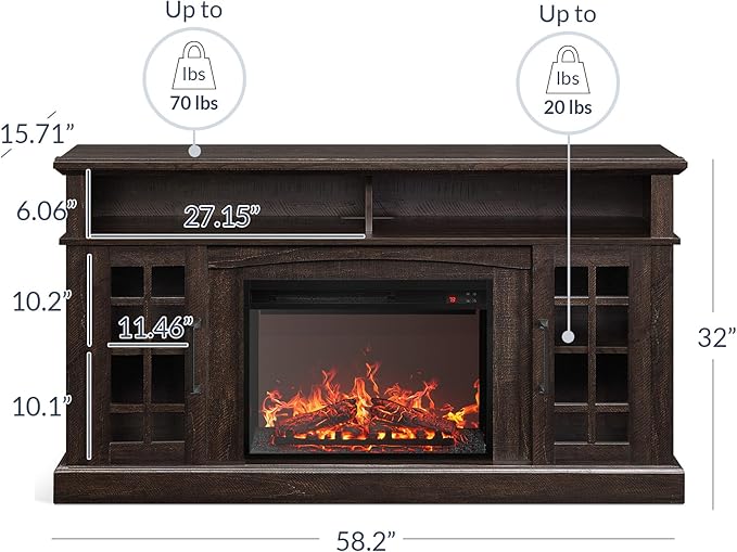 BELLEZE Traditional 58" Rustic TV Stand with 23" Electric Fireplace Heater with Sound, Media Entertainment Center Console Table for TV up to 65" with Open Storage Shelves and Cabinets - Espresso