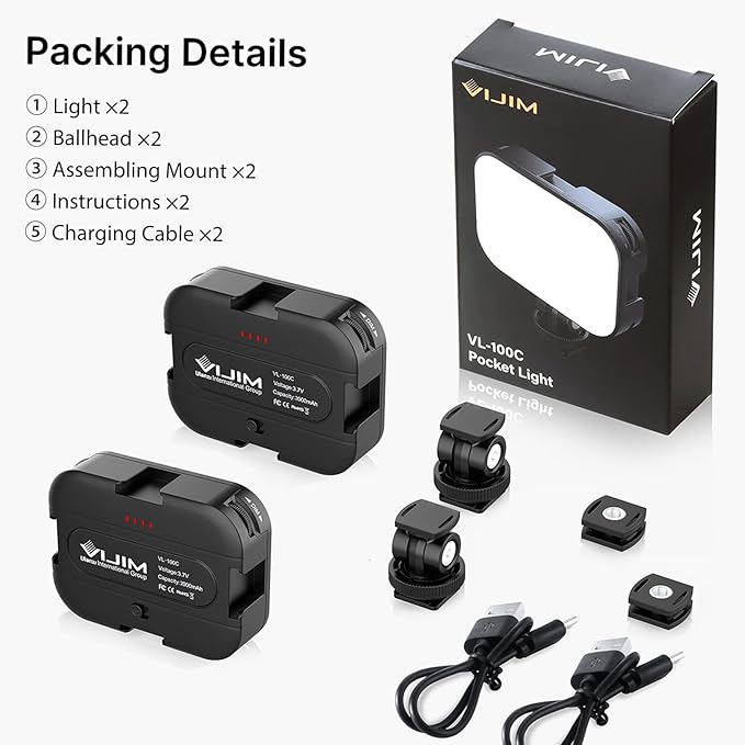 2 Pack VIJIM VL100C Bi-Color LED Video Light on Camera,Mini Rechargeable 2000mAh LED Camera Lights,CRI95+ Dimmable 2500-6500K Ultra Bright Photo and Video Lighting,LED Fill Lamp