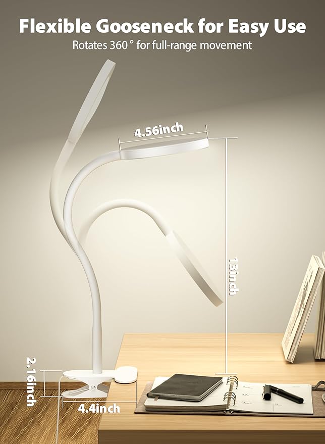 deeloop LED Clip on Light,100% Infinite Dimmable Reading Book Lights in Bed Headboard, 450LM Touch Control Desk Lamp with Clamp, Eye-Care 3 Color Temperature Flexible Gooseneck for Bedside Night Light