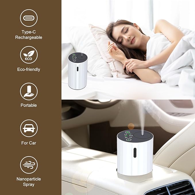 Waterless Essential Oil Diffuser Aromatherapy Scent Diffusers for Home Large Room, Bedroom, Car, Office, Desk, Battery Operated Mini Portable Air Freshener (White)