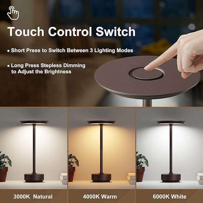 2 Pack Rechargeable Cordless Table Lamps, Portable 5000mAh LED Table Light, 3 Color Stepless Dimming Battery Powered Metal Table Lamp for Outdoo/Restaurant/Home/Patio.(Brown)