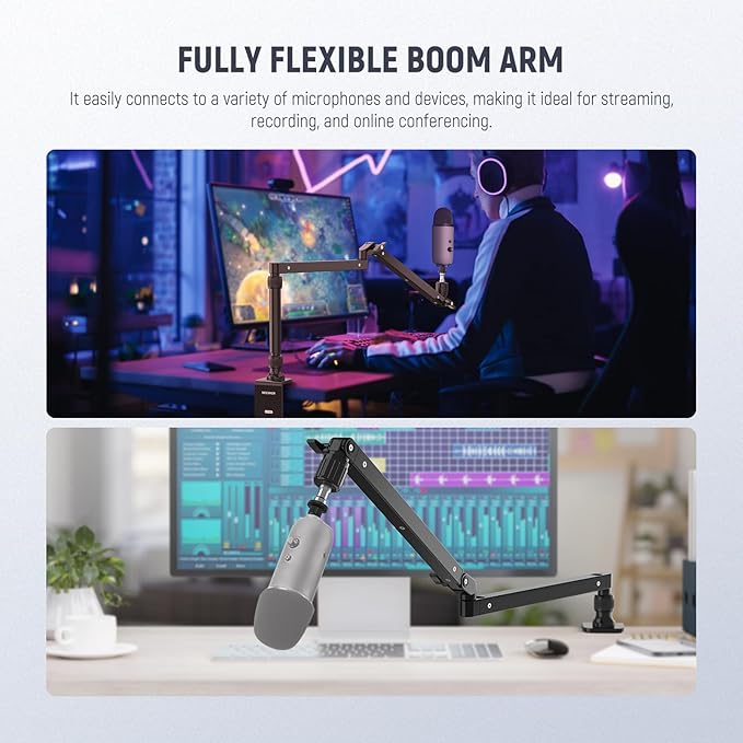 NEEWER Low Profile Mic Arm Desk Stand Mount with Damping, 360° Swivel Articulating Boom Arms with Heighten Pole & Cable Management Channels for Microphone Podcast Gaming Streaming Zoom Calls, MST002