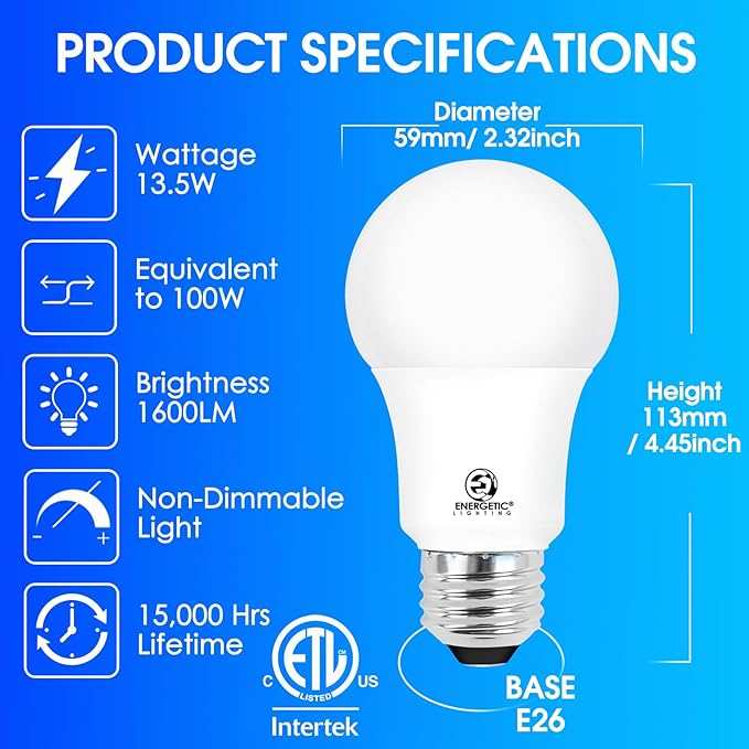 E ENERGETIC LIGHTING LED Bulbs 100 Watt Equivalent, Super Brightness 1600LM Soft White 2700K, Non-Dimmable A19 LED Bulb, E26 Standard Base, ETL Listed, 6 Packs