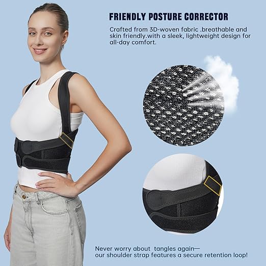 Back Brace Posture Corrector for Women and Men, Black, Adjustable Support with Removable Lumbar Pad, Shoulder and Back Straightener for Pain Relief, Spine Alignment (Large)