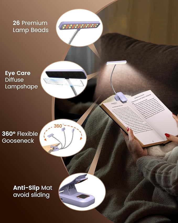 Glocusent 26 LED Rechargeable Book Light, 1200 mAh Battery for 90 Hrs, 5 Amber Colors & Stepless Dimming Book Lights for Reading at Night - Portable Clip on Reading Light for Book Lovers Kids