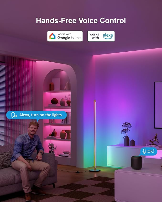 Gold Floor Lamp with Remote, Aluminum RGB LED Corner Lamp with Alexa, 1600 Lumen Standing Lamp with DIY Music Sync and 16 Million Colors, Smart Dimmable Floor Lamp for Living Rooms, Bedrooms