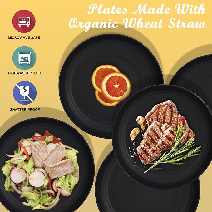 Wheat Straw Plates - 8 Inch Unbreakable Dinner Plates Set of 8 - Dishwasher & Microwave Safe Plastic Plates Reusable - Lightweight Plates for kitchen,R.V (pure black)