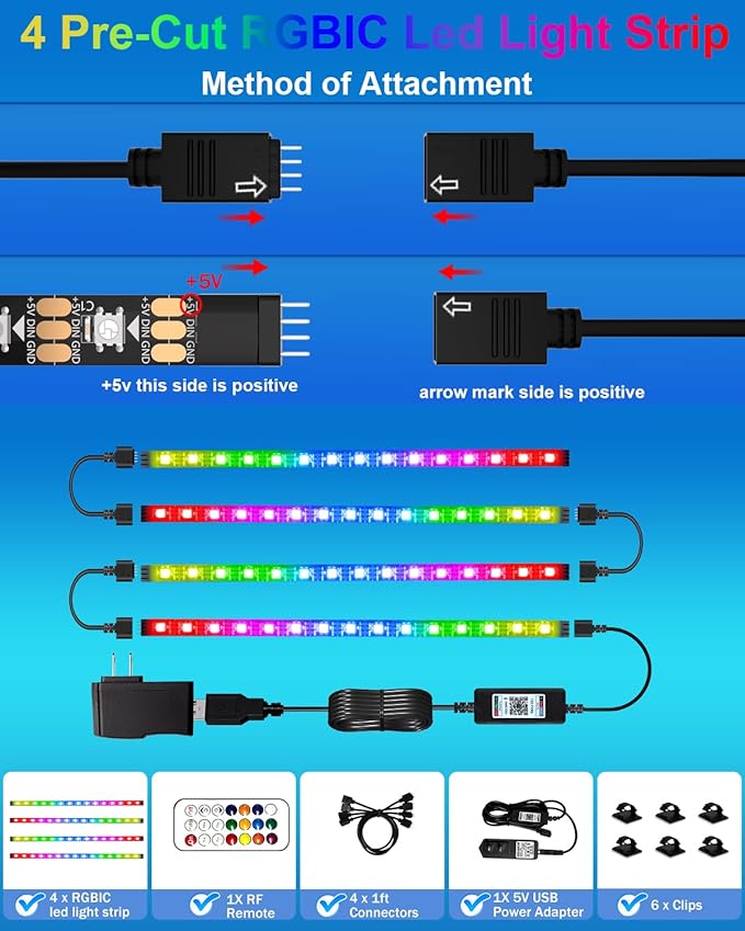 LED Strip Lights 4 Pre-Cut RGB Led Light Strip With APP & Remote Control, Multi-color Music Sync Changing Strip Lights for Cabinets Shelf Closets TV Backlight Kitchen Bedroom, With Power Adapter
