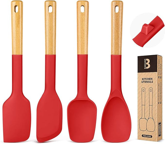 Silicone Spatula Spoon Set, Great for Mixing, Folding, Scraping, and Spreading, Sturdy BPA-Free Matte Silicone, Wooden Handle Rubber Spoonula for Nonstick Cookwares,4 Pack (RED)