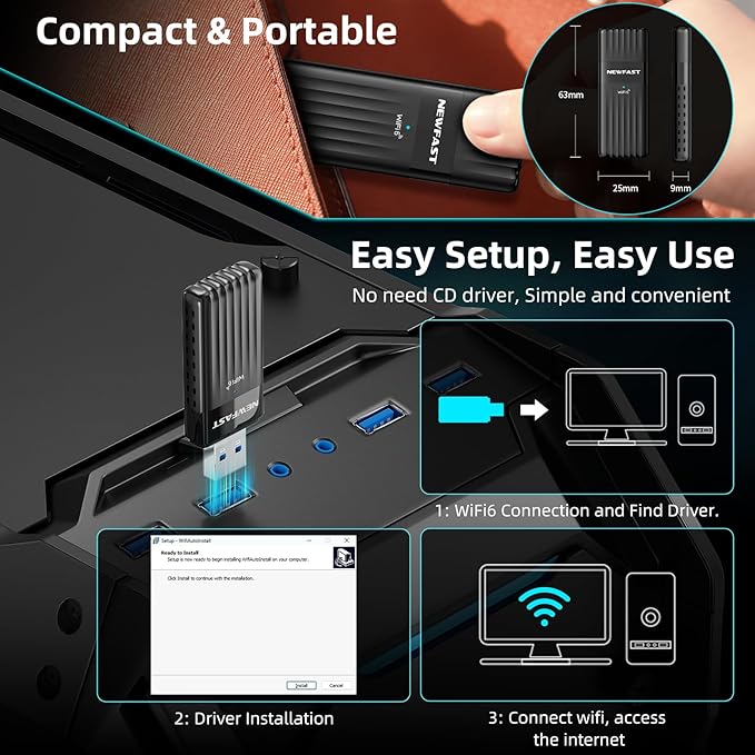 NEWFAST WiFi 6 Adapter for Desktop PC NF-U351, AX3000 USB 3.0 WiFi Adapter for PC, Dual Band Wireless Network Adapter, MU-MIMO, OFDMA, WPA3, Supports Windows 11/10,Portable Design