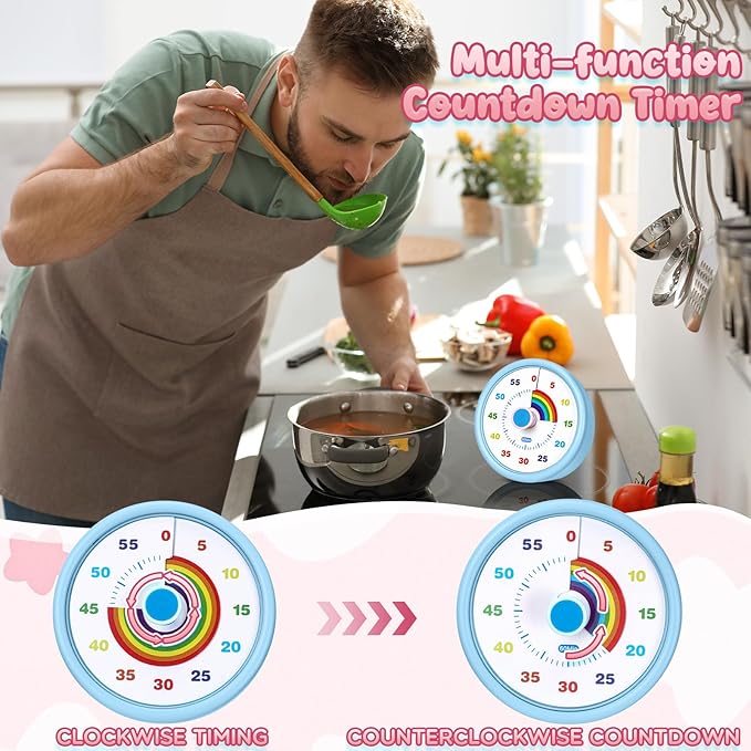 4 Pcs 60 Minute Visual Timer Colored Countdown Clock Time Management Tools with Silent Operation for Home School Supplies Study Office (Rainbow,Purple,Blue,Pink,White)