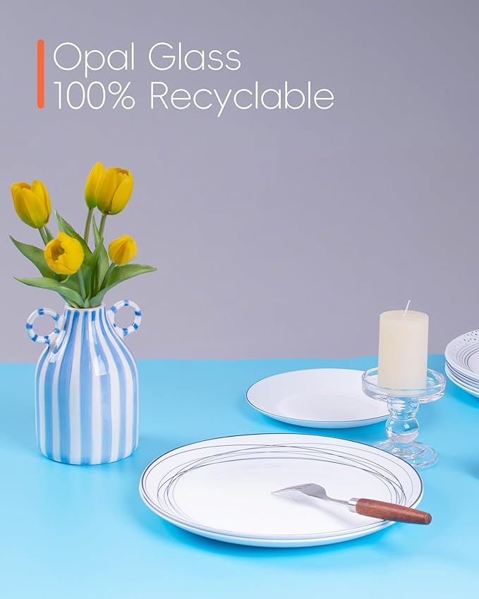 10.5 inch Dinner Plate Set of 6, Lightweight Round Opal Glass Dinnerware Plates, Dishwasher and Microwave Safe, Blue Modern Geometric Design