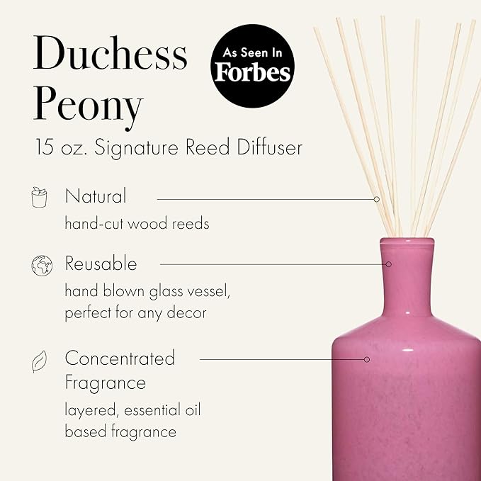 LAFCO New York Signature Reed Diffuser, Duchess Peony - 15 oz - Up to 9 Months Fragrance Life - Reusable, Hand Blown Glass Vessel - Natural Wood Reeds - Made in The USA