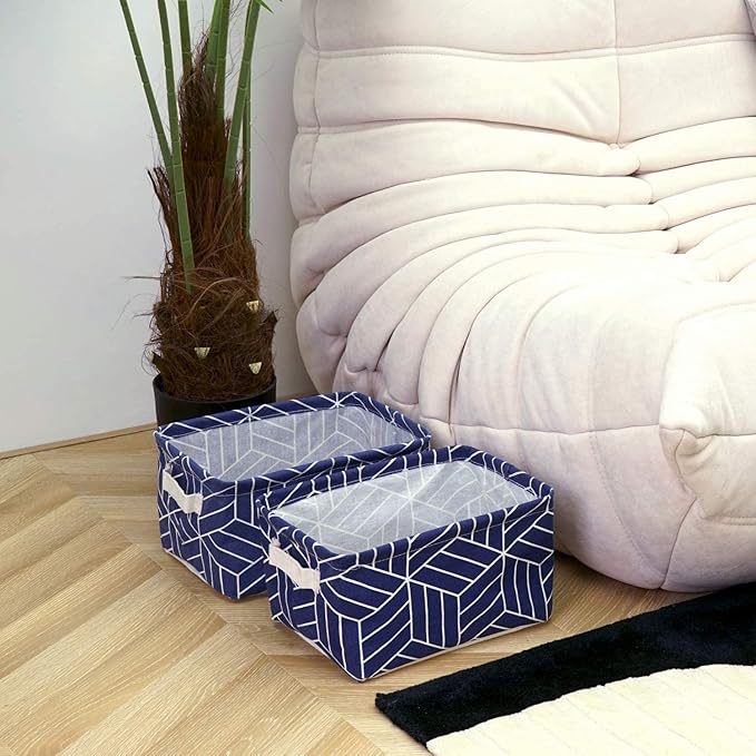 CROWNED 6 Pcs Storage Basket Foldable Cube Fabric Bins Square Mini Box Receive Organizer Rectangle Canvas with Handles for Home Office Books Small 11x8x6.3 inch Navy