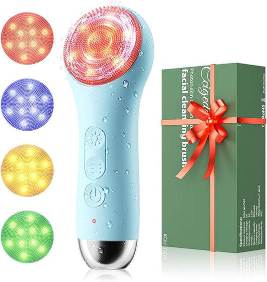 Facial Cleansing Brush Face Scrubber - Rechargeable Electric Face Cleansing Brush with 4 LED Gentle Light Liquid Silicone Modes Exfoliator,IPX7 Waterproof Ideal Gift for Men and Women-Blue