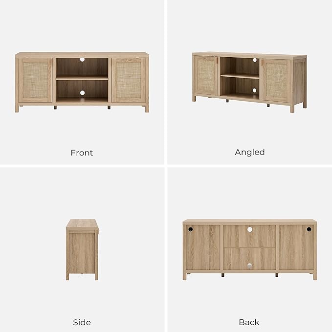 SICOTAS Rattan TV Stand for Living Room - 26" Tall TV Console Cabinet with Storage and Adjustable Shelf, Boho Entertainment Center, 59" Media Console for 50, 55, 65 Inch TV, Light Oak