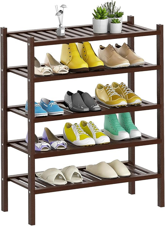 Shoe Rack 5-Tier Organizer Stackable Storage Shelf with Multi-Function Combinations-Free Standing Bamboo Shoe Racks for Closet,Entryway,Hallway,Bathroom,Living Room Shoe Organization (Brown,5-Tier)