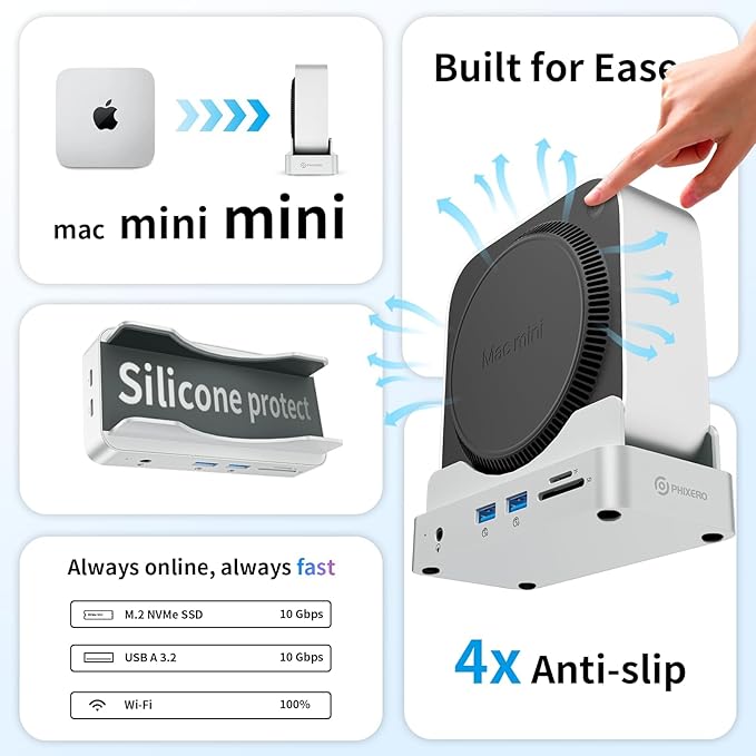 Phixero M4 Mac mini Dock with NVMe SSD Enclosure, 6-in-1 Aluminum Stand hub, 10Gbps USB-A, SD/TF Reader, Space-Saving Design.
