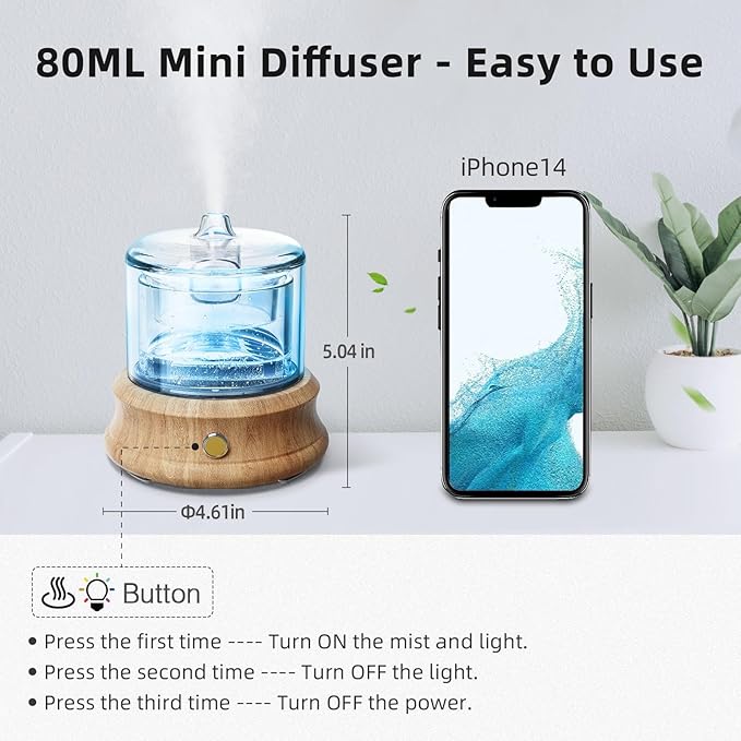 Glass Essential Oil Diffuser, 80ML Small Glass Reservoir Natural Wood Base Ultrasonic Cool Mist Aroma Diffusers with USB-Cord Auto-Off 7 Color Light for Home Office Bedroom