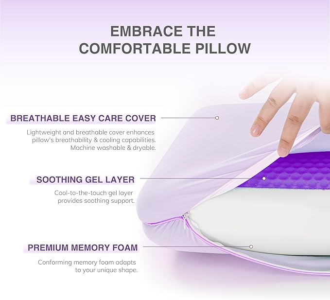 EGOHOME Cooling Gel Memory Foam Pillow - Reversible Cooling Cover, Neck Support for Side, Back and Stomach Sleepers, Removable & Machine Washable, All-Season Comfort, Standard Size, Purple