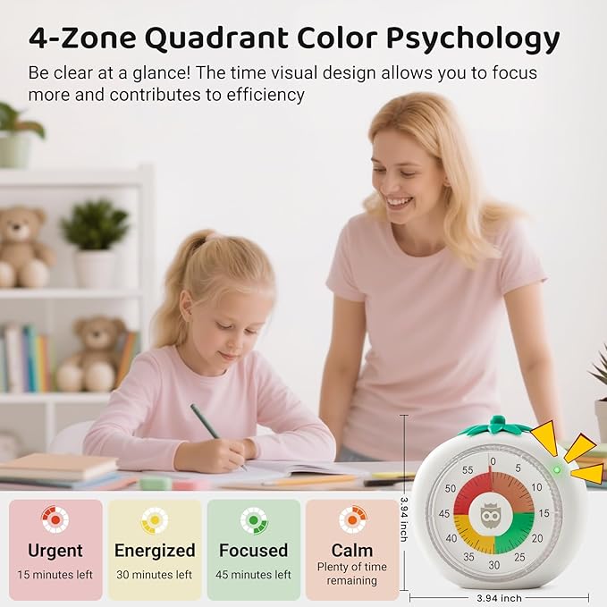Visual Timer for Kids, 60-Minute Countdown Timers for Classroom Office Kitchen with Silent Operation, Kids Timer for Teaching with Cute Design, 4-Color Zone Pattern Pomodoro Timers