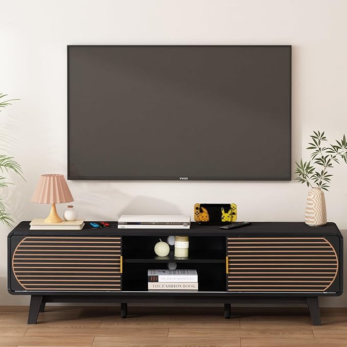 Mid Century Modern TV Stand for 55/60/65 Inch TV, 63" TV Console Table with Fluted Sliding Doors, Entertainment Center and Media Console with Storage for Living Room (Black)
