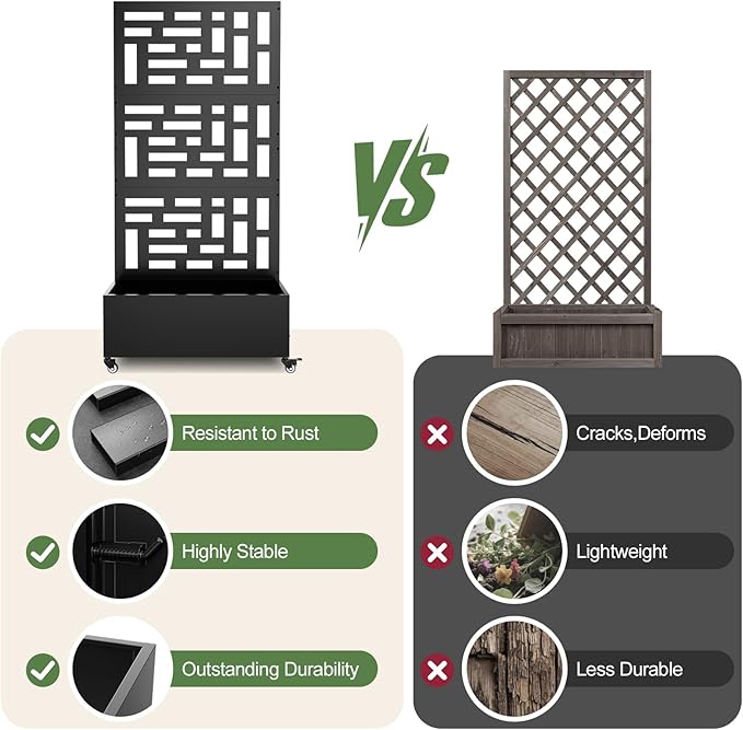 Metal Planter Box with Trellis, 71"x 35"x 16" Raised Garden Bed with Trellis & Wheels, Privacy Planters for Patio, Planter Box with Drainage Holes for Climbing Plants, Flower, Vegetable