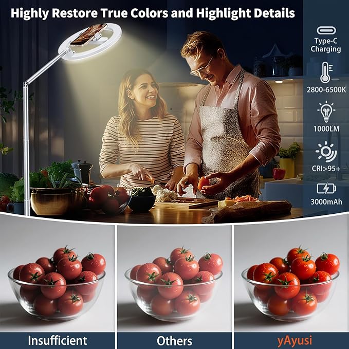 yAyusi 68.5" Overhead Phone Mount with Ring Light for iPhone, 3000mAh 360° Rotation Foldable Rechargeable Ring Light Phone Holder for Video Recording, Photography, Live Streaming, TikTok, YouTube