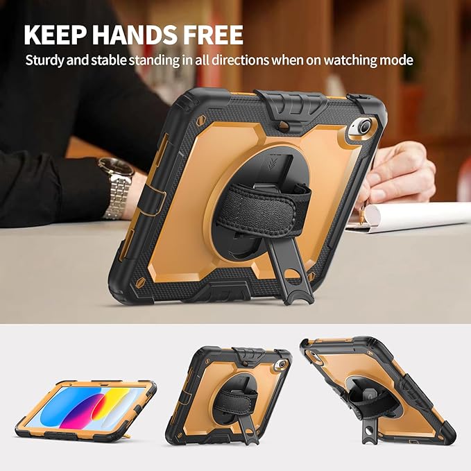 Ambison Case for iPad A16 11th/10th Generation 11"/10.9'' 2025/2022,Heavy Duty Shockproof Case with Tempered Glass Screen Protector, 360° Rotating Handle Strap&Stand,Shoulder Strap-Yellow