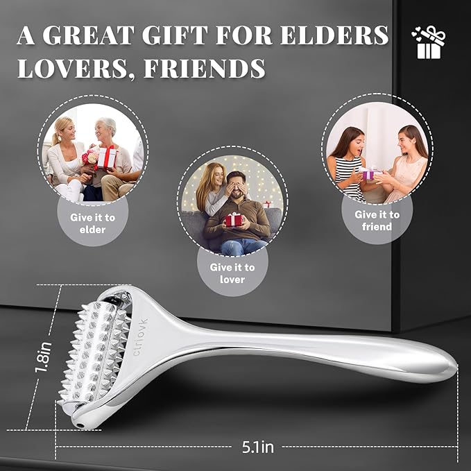 Acupuncture Massage Roller, Stainless Steel, Portable Manual Roller for Whole Body Pain Relief, Puffiness Reduce and Muscle Relaxation Massage, Silver