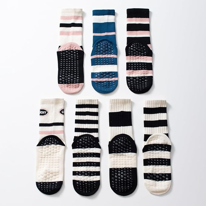 Yoga Pilates Socks with Grips for Women Non Slip Striped Cushioned Crew Socks for Barre Ballet Dance