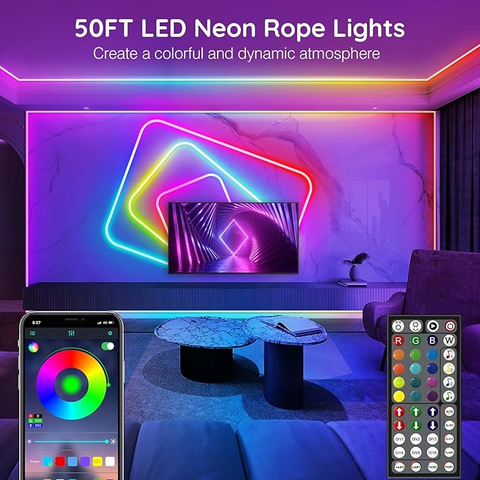 50Ft Neon Rope Lights,Flexible Led Rope Lights Control with App/Remote,Multiple Modes Rope Lights,IP65 Outdoor RGB Led Neon Lights Waterproof,Music Sync Gaming Led Neons Light Strip for Bedroom Decor