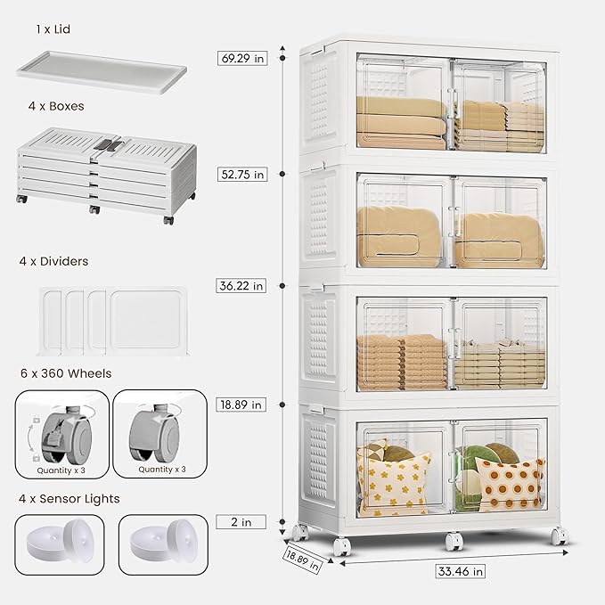 752QT/188Gal 4 Stackable Storage Bins with Lid and 8 doors, Motion Sensor Lights in Cabinets, Large Collapsible Container Box with 6 Wheels, Plastic Foldable Organizer for Home - Pure White