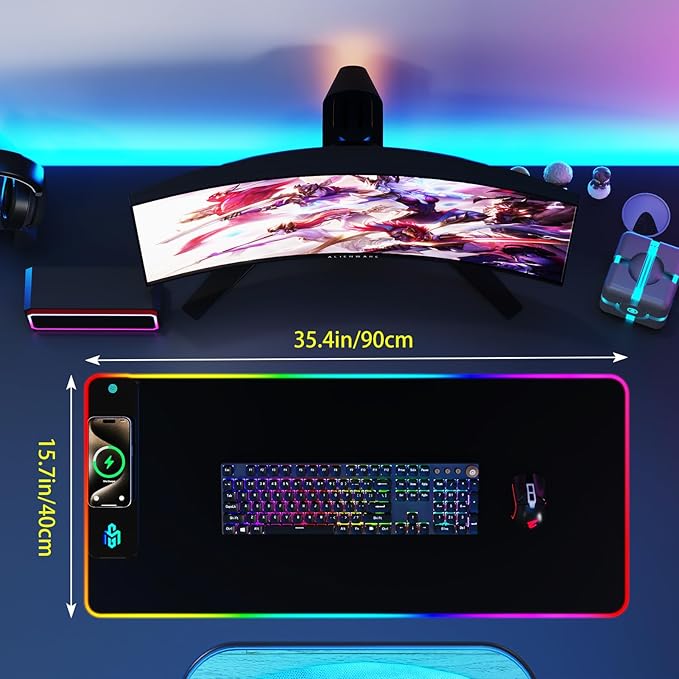 GIM Wireless Charging RGB Gaming Mouse Pad 15W, LED Mouse Mat 900x400x4MM, 10 Light Modes Extra Large Mousepad Non-Slip Rubber Base Computer Keyboard Mat for Gaming, MacBook, PC, Laptop, Desk