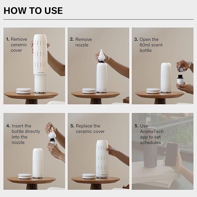 AromaTech Ambience Scent Diffuser for Essential Oil Blends & Fragrances – Waterless Scent Machine w/Bluetooth for Home, Bathroom Boutiques, Hotel, Spa – White Stone