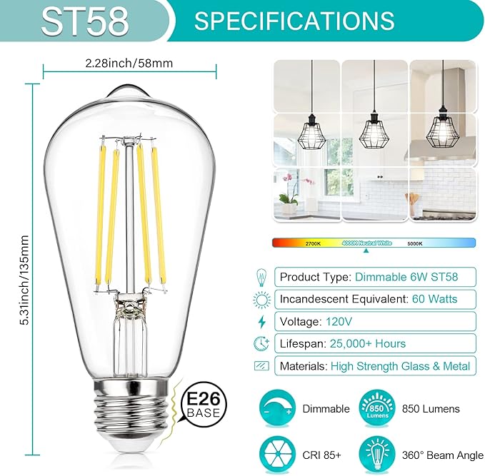 MAXvolador Vintage LED Edison Bulb Dimmable 60W Equivalent 850 Lumens, Neutral White 4000K 6W Antique ST58 Filament Light Bulbs, E26 Base, Pack of 4