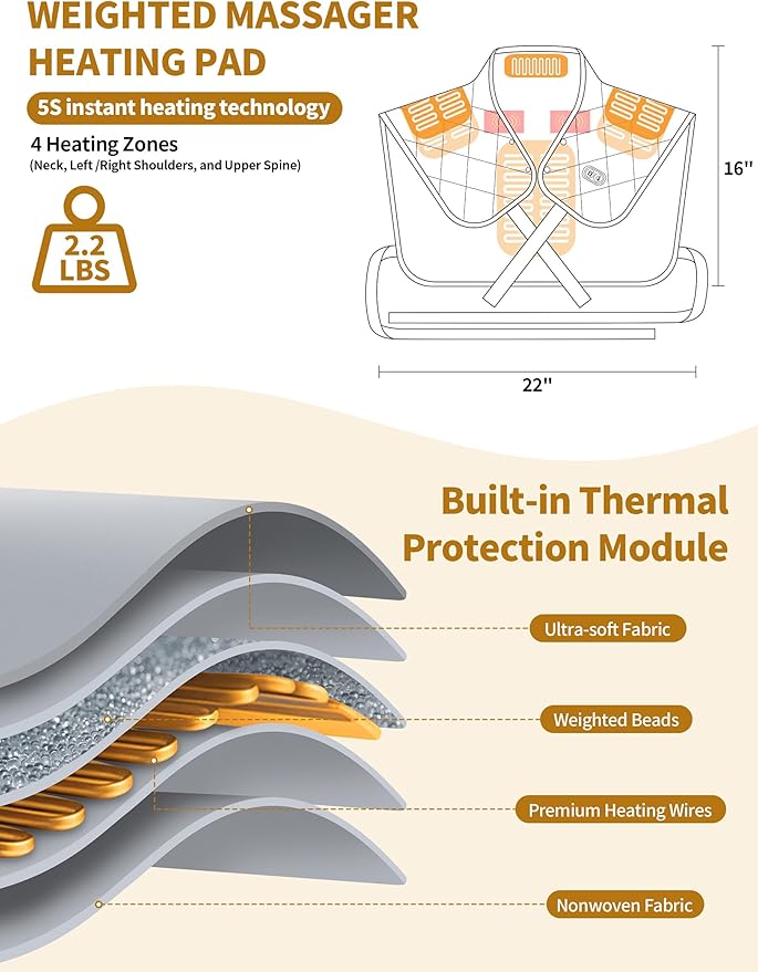 Vofuoti Heating Pad for Neck and Shoulders, Portable Cordless Heating Pad with Massager and Battery, Weighted Electric Heated Neck Shoulder Wrap, 16'' x 22'', 2.2lbs