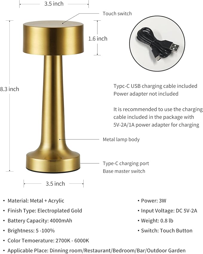 PUSU Cordless LED Gold Small Table Lamps Set of 2, Portable Rechargeable 4000mAh Battery Operated Desk Lamp, 3 Color Stepless Dimming for Kids, Restaurant, Bedside, Outdoor, Bar, Night Light, Gift