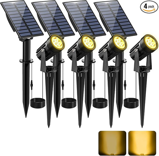 Solar Spot Lights Outdoor, Solar Landscape Spotlights IP65 Waterproof 9.8ft Cable, Auto On/Off Outdoor Wall Lights for Garden Yard Driveway Porch Walkway Pool (1-in-1 3000K Warm White 4 Pack)