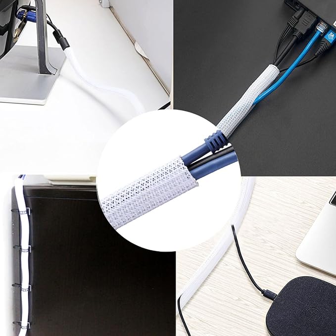 1/2" x25ft Braided Cable Sleeve – Split Self-Wrapping Wire Loom Tubing for USB, Power, Audio/Video Cords – Chew-Resistant Cord Protector, White Expandable Sleeving