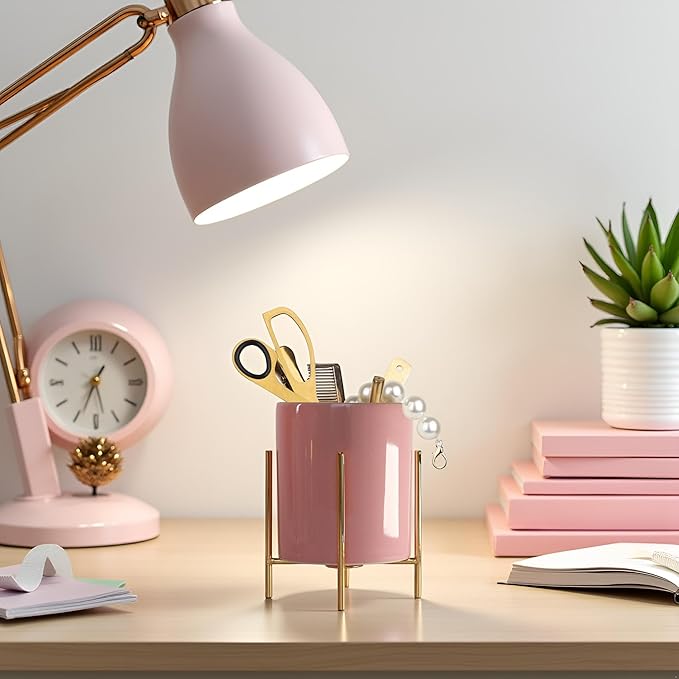 Ceramic Pen Holder Stand Cup Pencil Holder Organizer Makeup Brush Holders for Home Office Desk (Pink)
