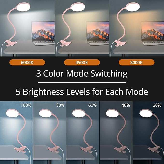 Reading Light with Remote, LED Desk Lamp Clip on [1H Timer & Nightlight] RA>95 Dimmable Flexible Gooseneck, Reading Lamp with Clamp for Table - 3.5'' (Adapter Included)